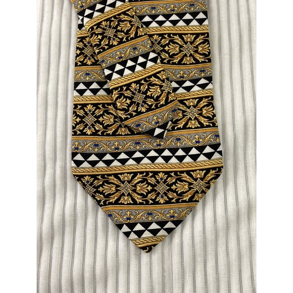 V2 by Versace Men’s Tie 100% Silk Gold Black Geometric Luxury Designer Italy - Picture 2 of 7